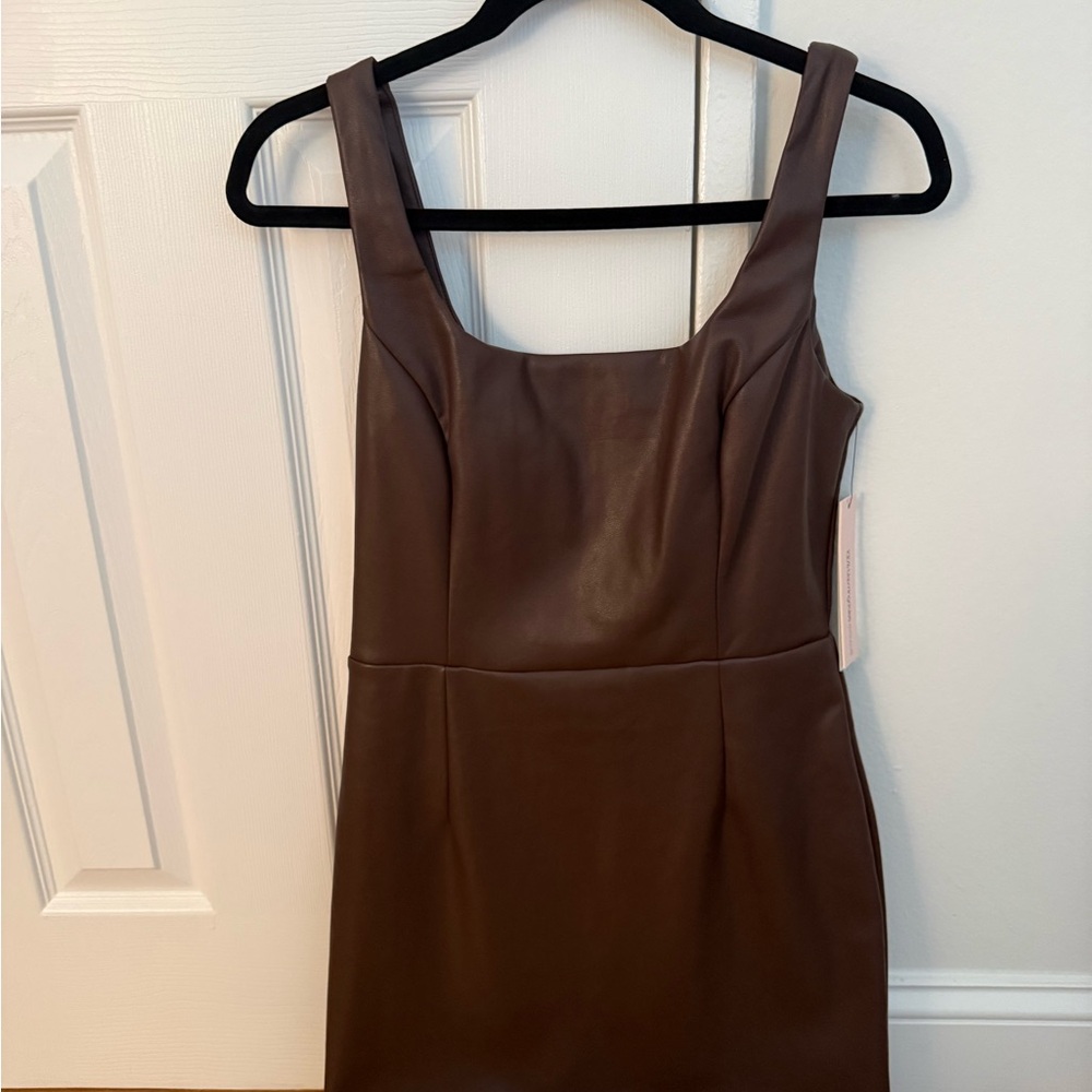 *NEW* Aqua Brown Faux Leather Square-Neck Midi Dress